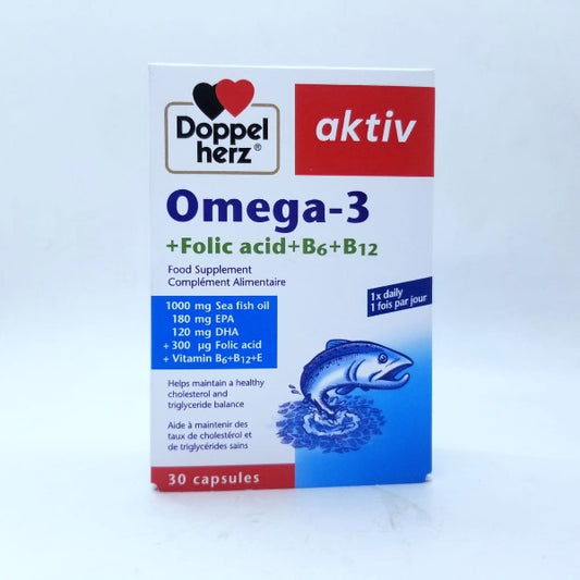 Omega-3 Supplement with Folic Acid and B6 & B12, Doppelherz aktiv, 30 Tablets